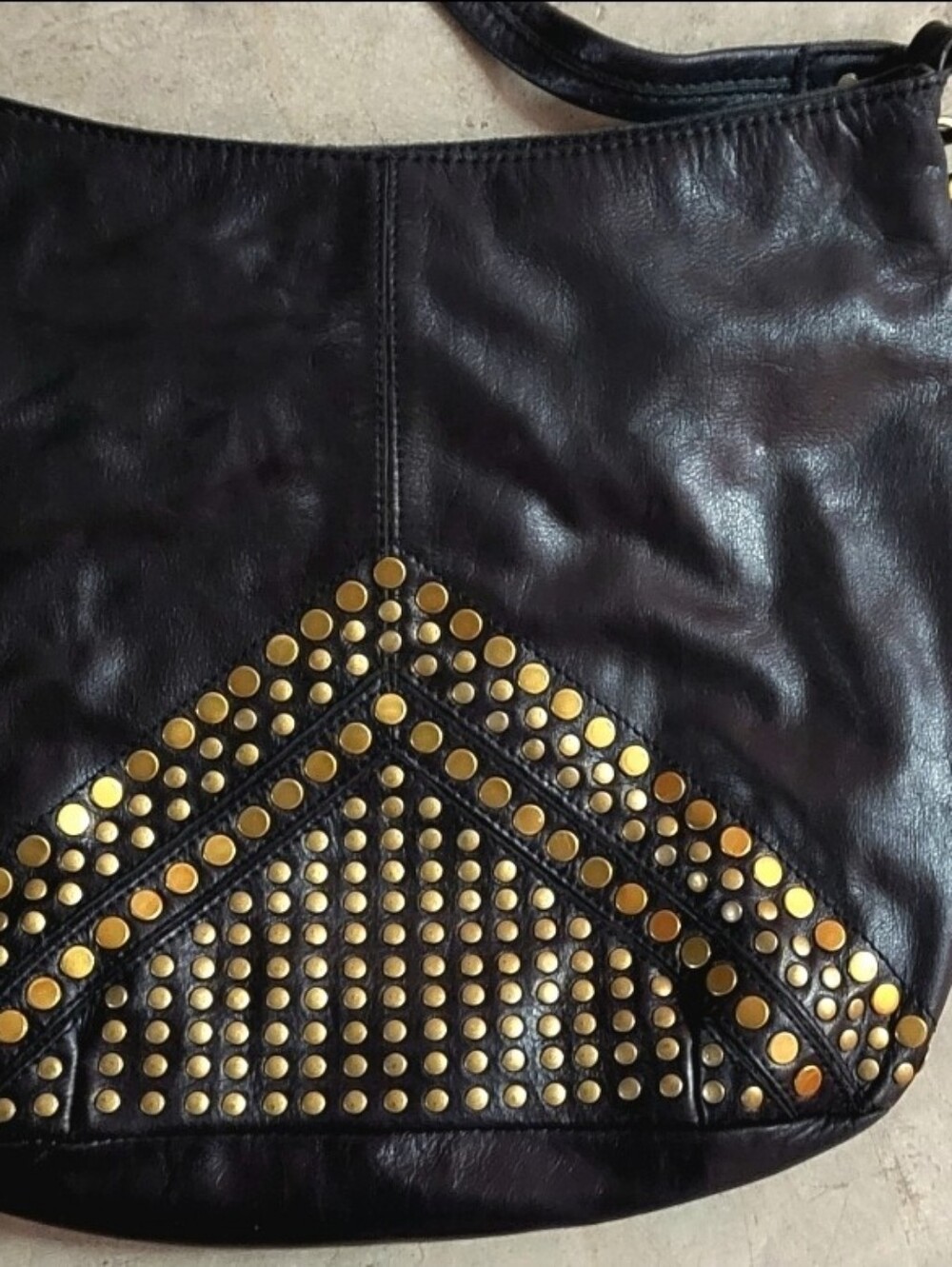 The Sak Black Genuine Leather Gold Studded Hobo Shoulder Bag Tassel Y2K